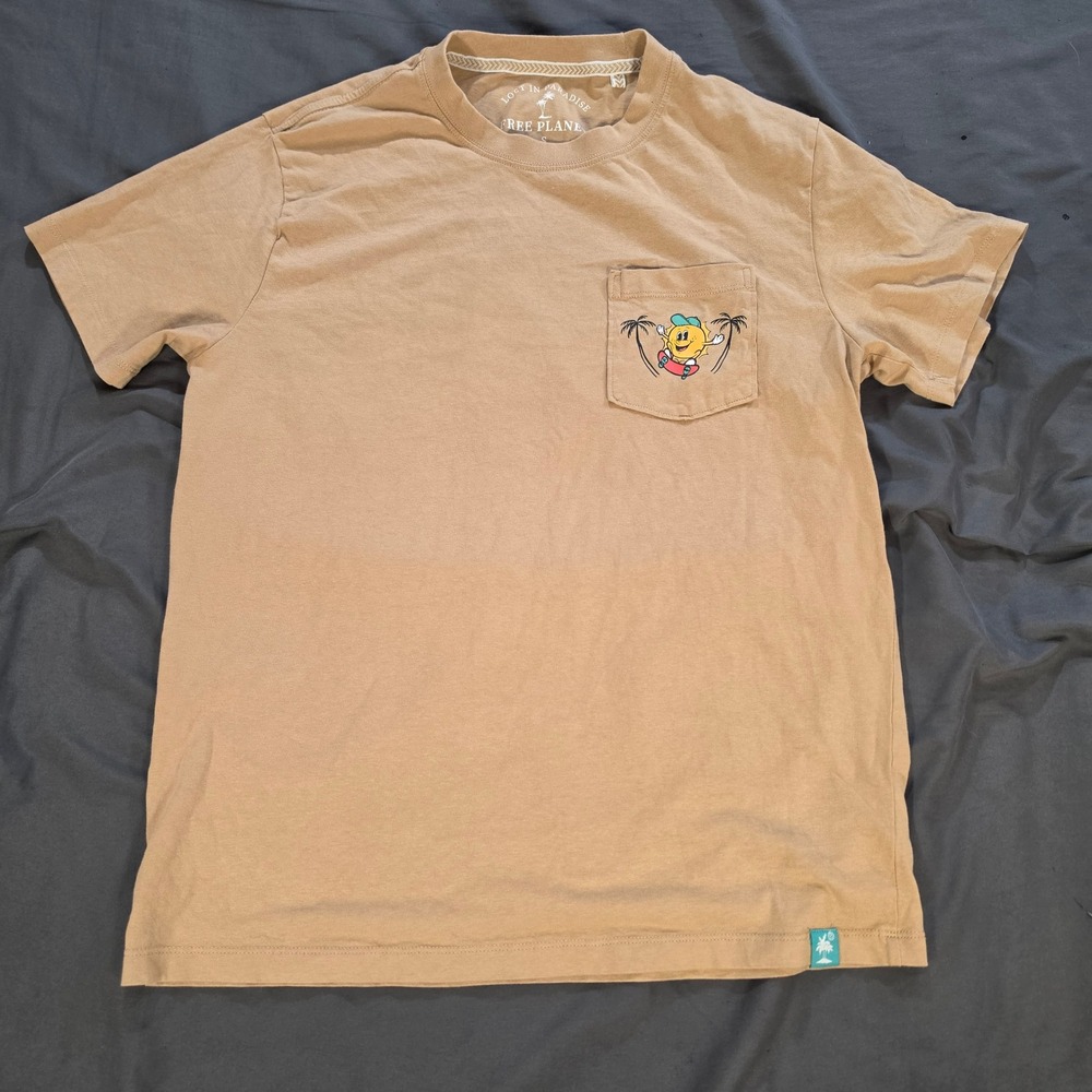 Free Planet Mens Small Tan Skateboarding Sun Graphic Pocket T-Shirt Dope Moves - Picture 1 of 9